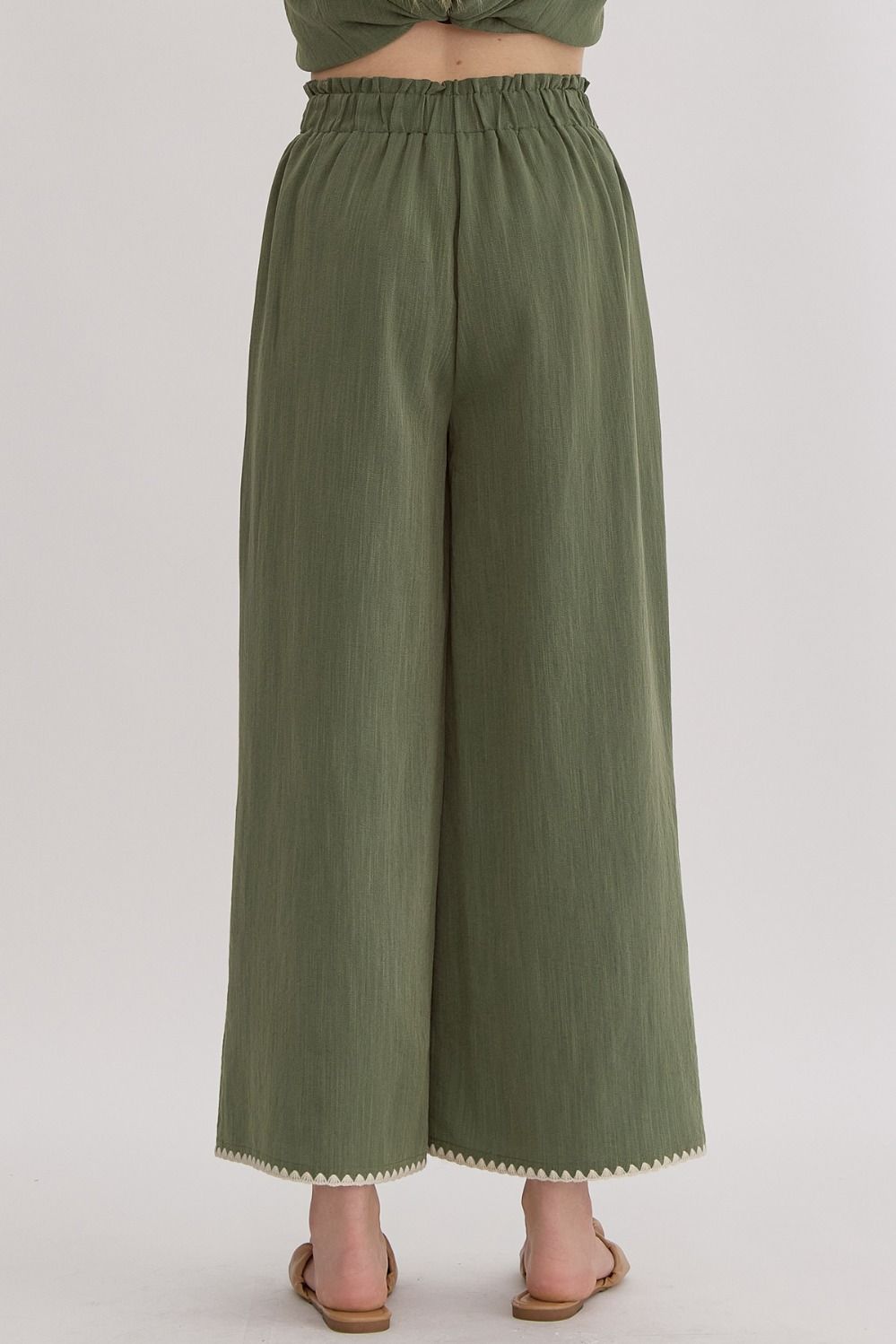 Wide Leg Embroidered Pocket Detail Pant - Olive