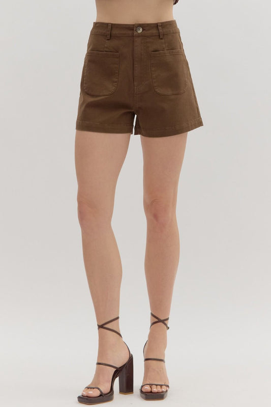 Solid High Waist Patch Pocket Short