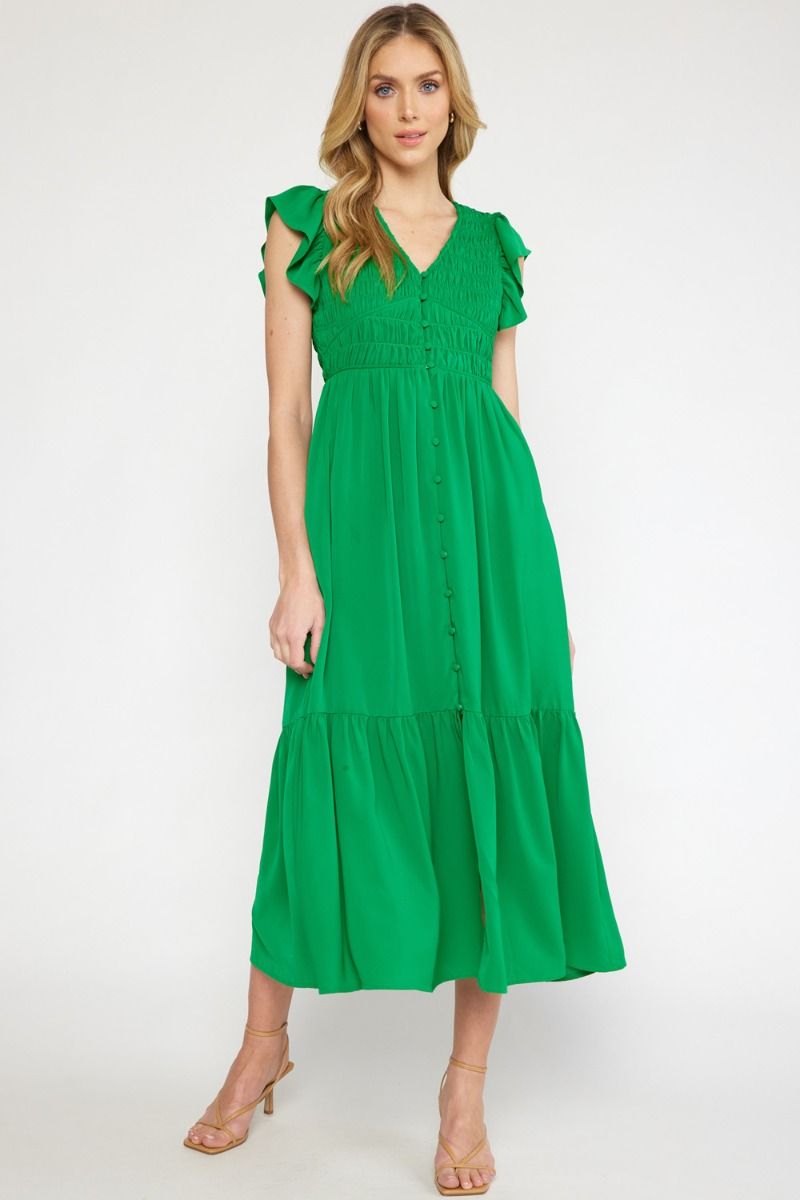 Solid Smocked Button Tiered Ruffle Sleeve Maxi Dress