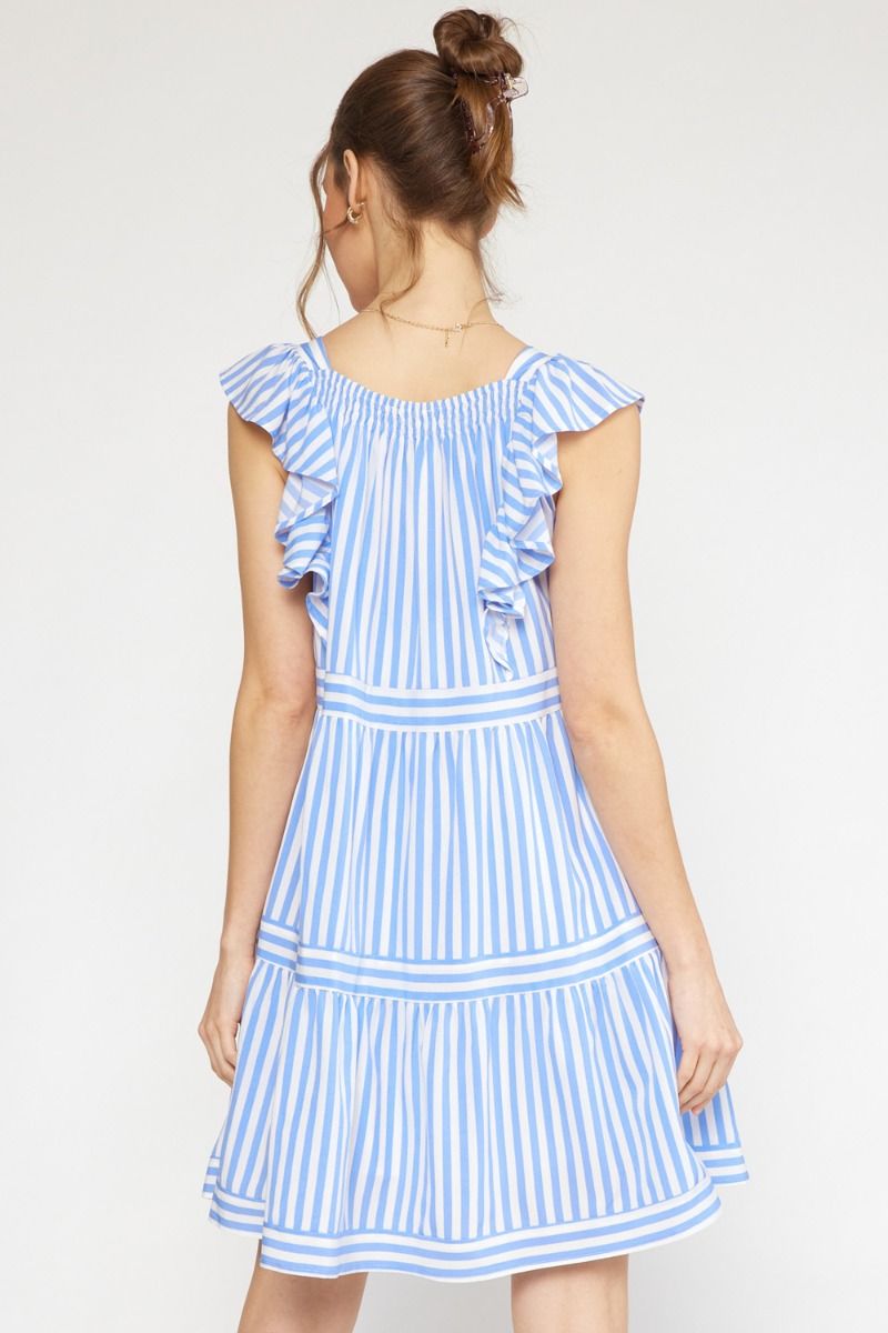 Vertical Stripe Square Neck Tiered Ruffle Arm Dress- Light Blue