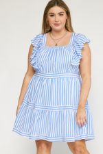 Vertical Stripe Square Neck Tiered Ruffle Arm Dress- Light Blue