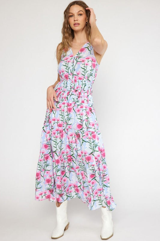Floral Sleeveless Open Tie Back Maxi Dress- Blue