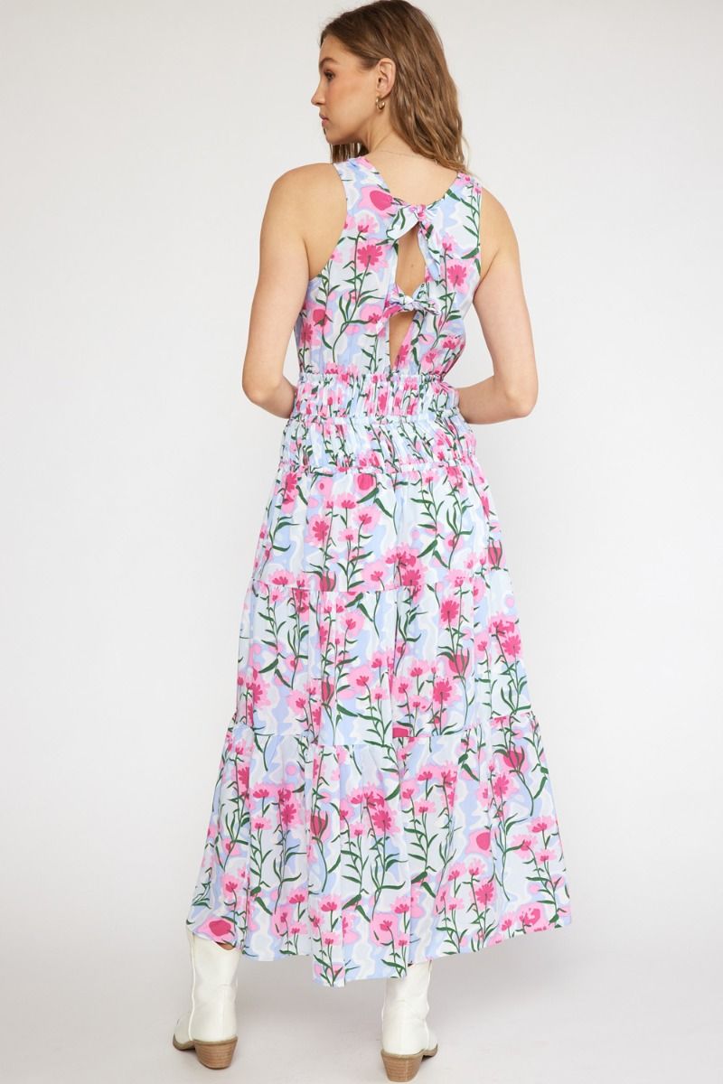 Floral Sleeveless Open Tie Back Maxi Dress- Blue