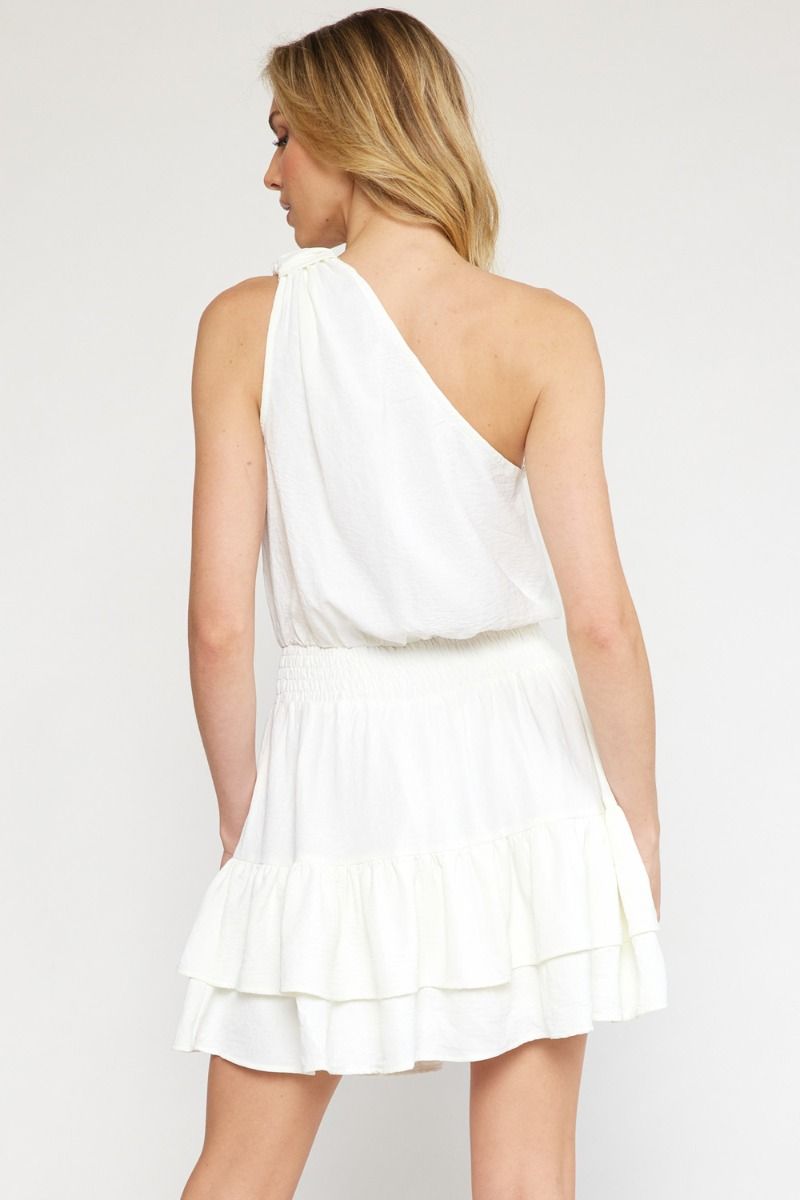 Asymmetrical Shoulder Smocked Waist Tiered Dress