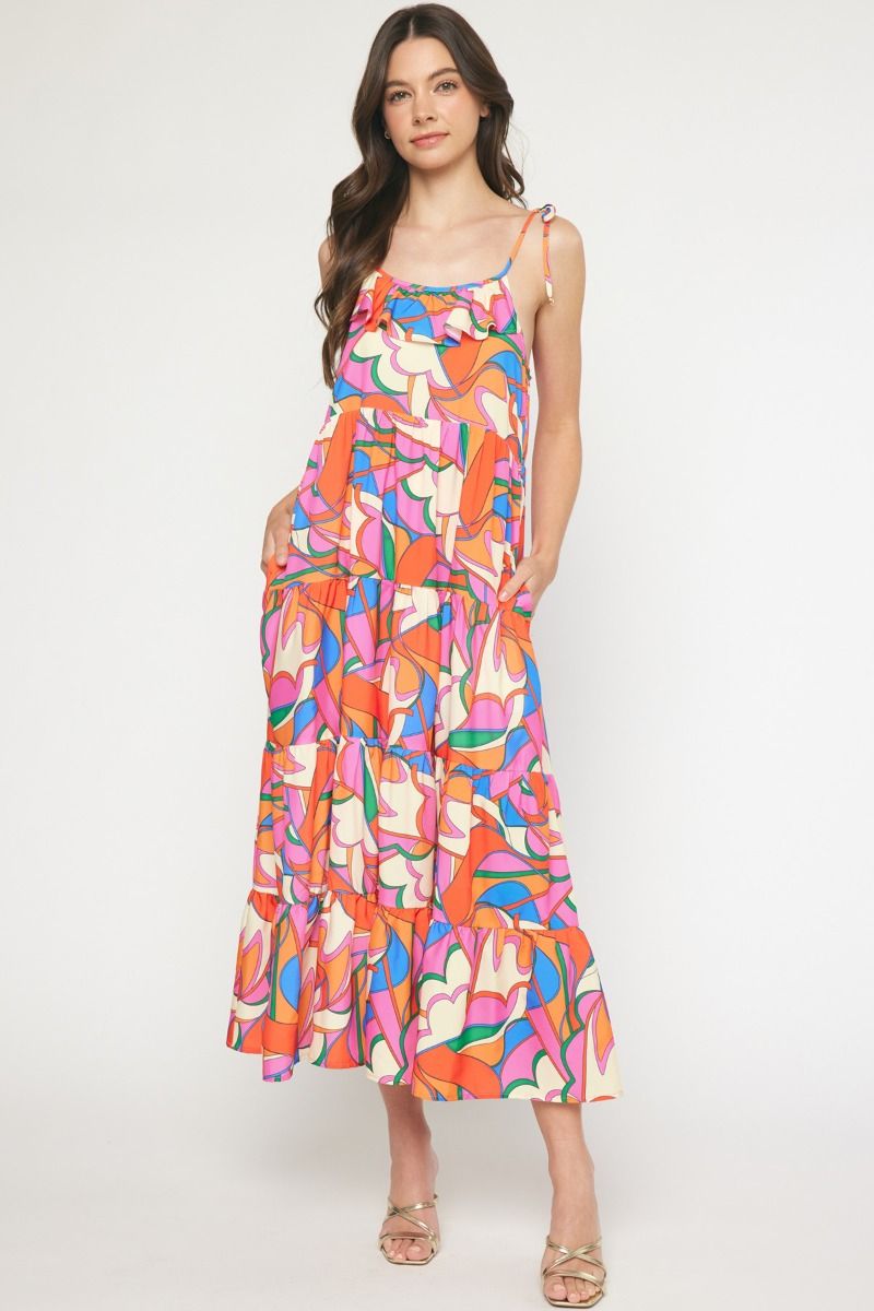 Geo Print Spaghetti Tie Strap Ruffle Tiered Maxi Dress-Multi