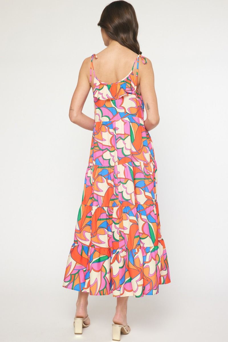 Geo Print Spaghetti Tie Strap Ruffle Tiered Maxi Dress-Multi