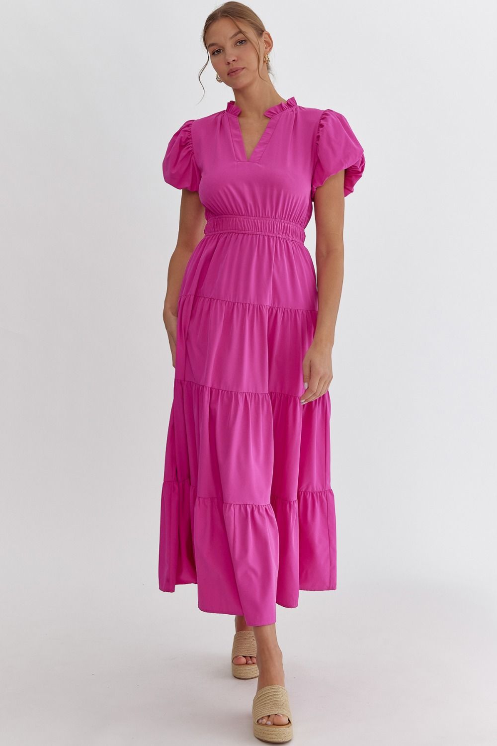 Solid V-Neck Bubble Sleeve Tiered Midi Dress