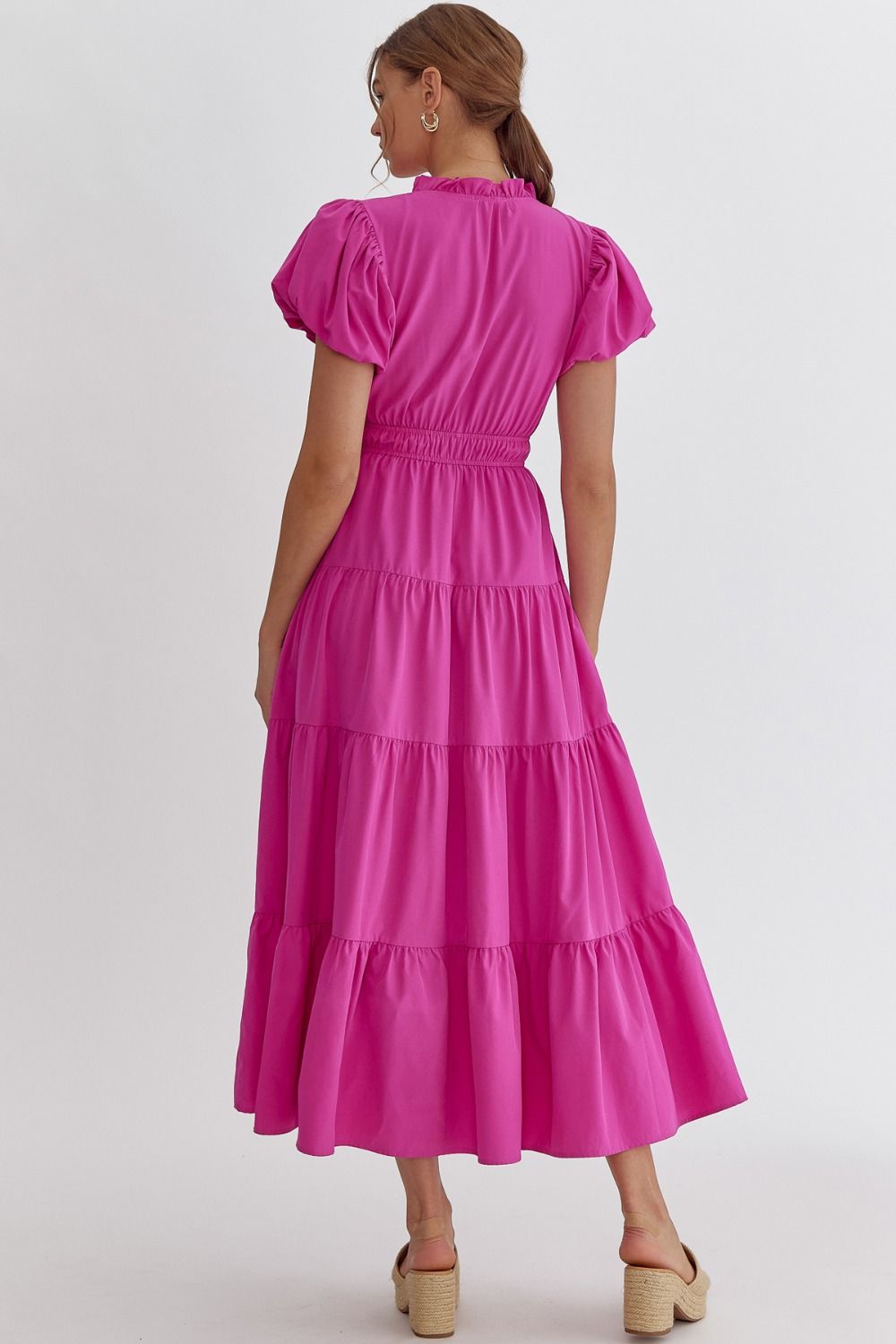 Solid V-Neck Bubble Sleeve Tiered Midi Dress