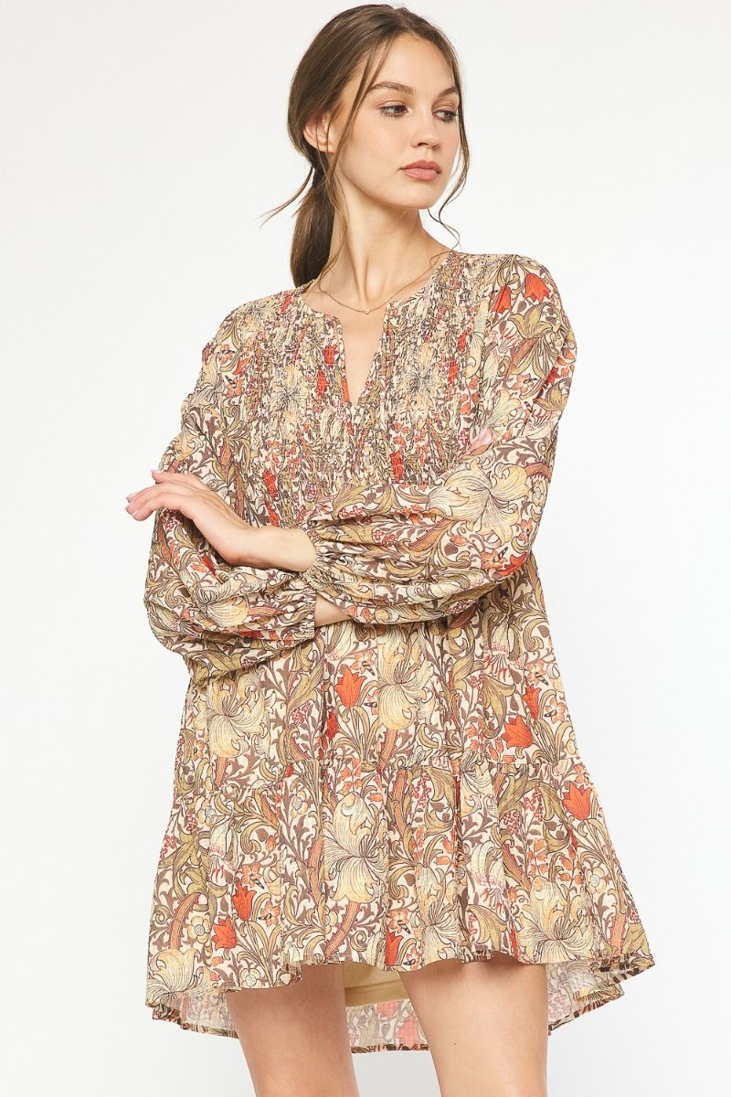 Floral & Paisley Smocked Top Tie Neck Long Sleeve Dress- Mocha