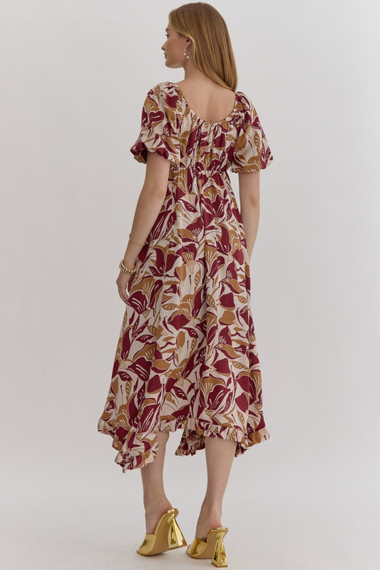 Leaf Print Square Neck Bubble Sleeve Midi Dress - Wine