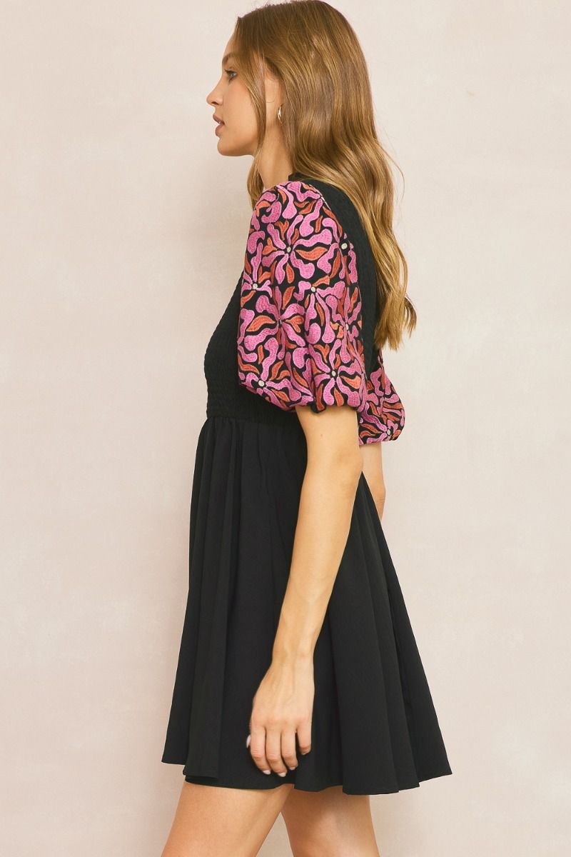 Solid Frill Neck Smocked Dress W/ Embroidered Puff Sleeve