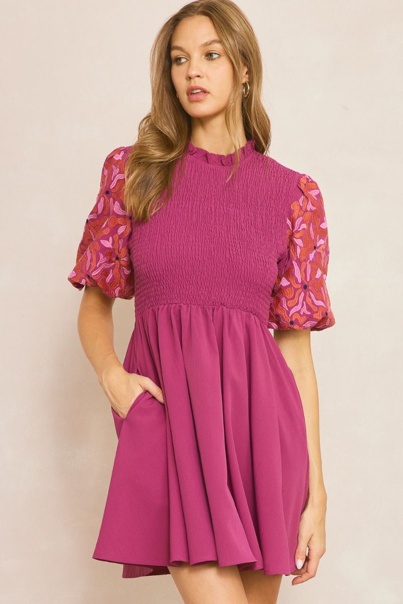 Solid Frill Neck Smocked Dress W/ Embroidered Puff Sleeve