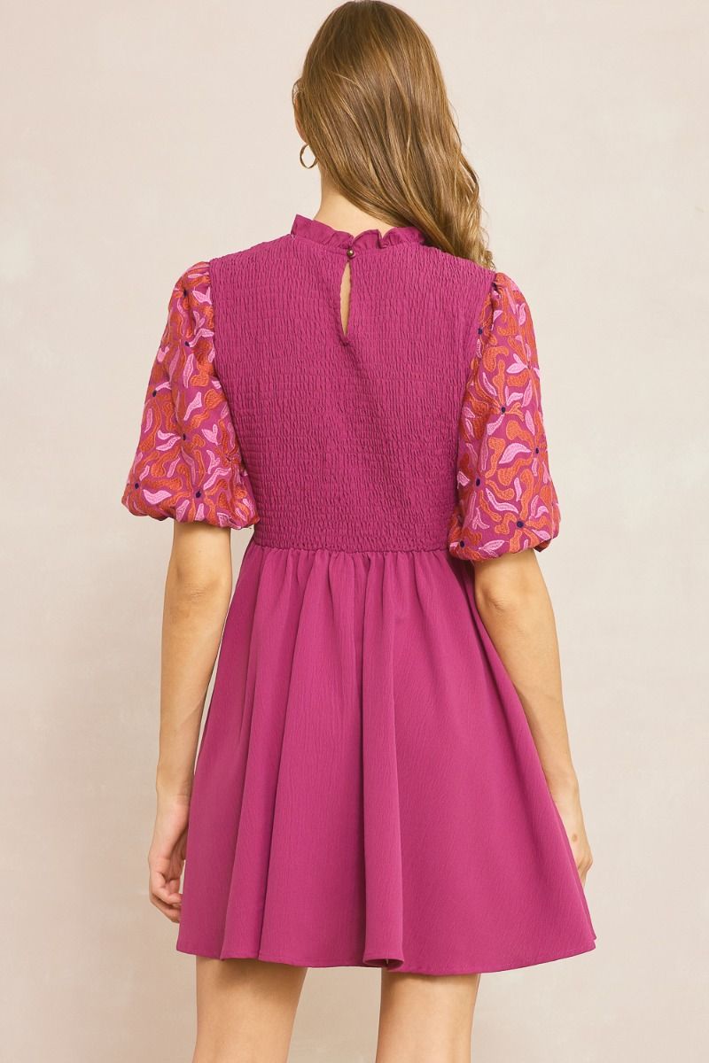 Solid Frill Neck Smocked Dress W/ Embroidered Puff Sleeve