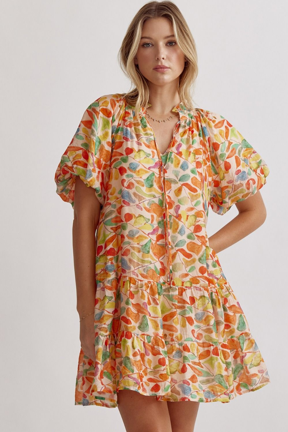 Leaf Print Bubble Sleeve Tiered Dress - Orange