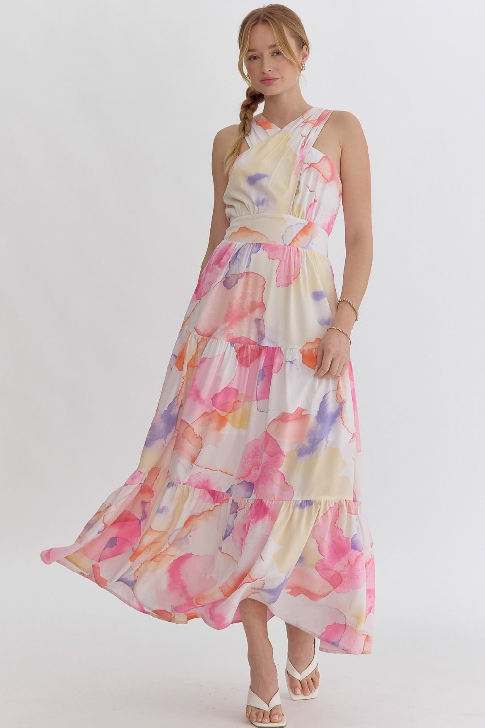 Watercolor Criss Cross Halter Tiered Maxi Dress - Pink