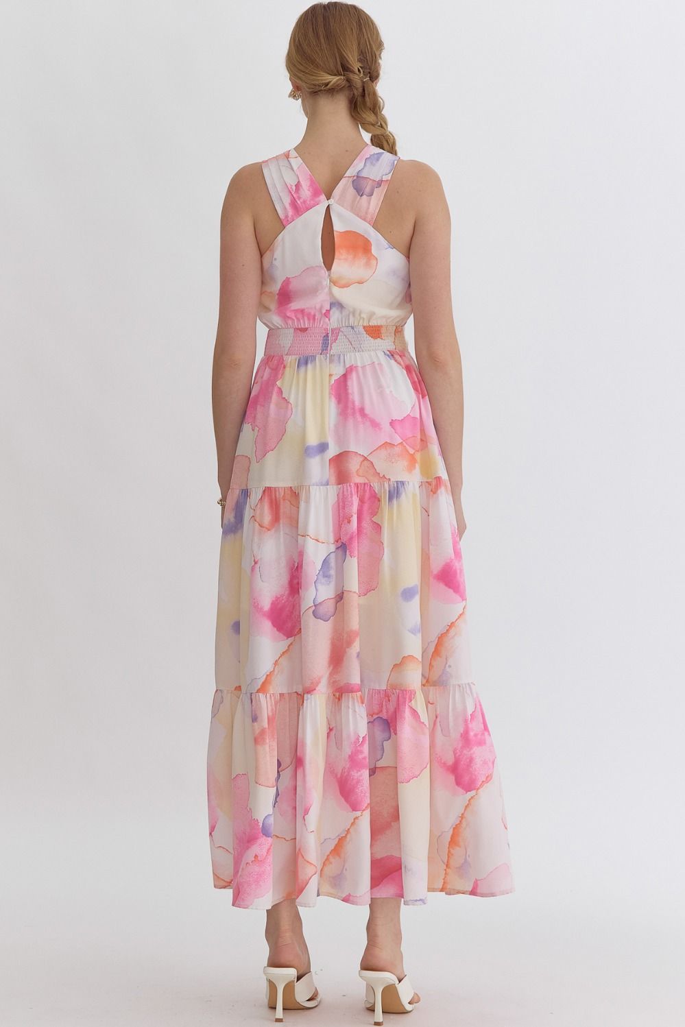 Watercolor Criss Cross Halter Tiered Maxi Dress - Pink