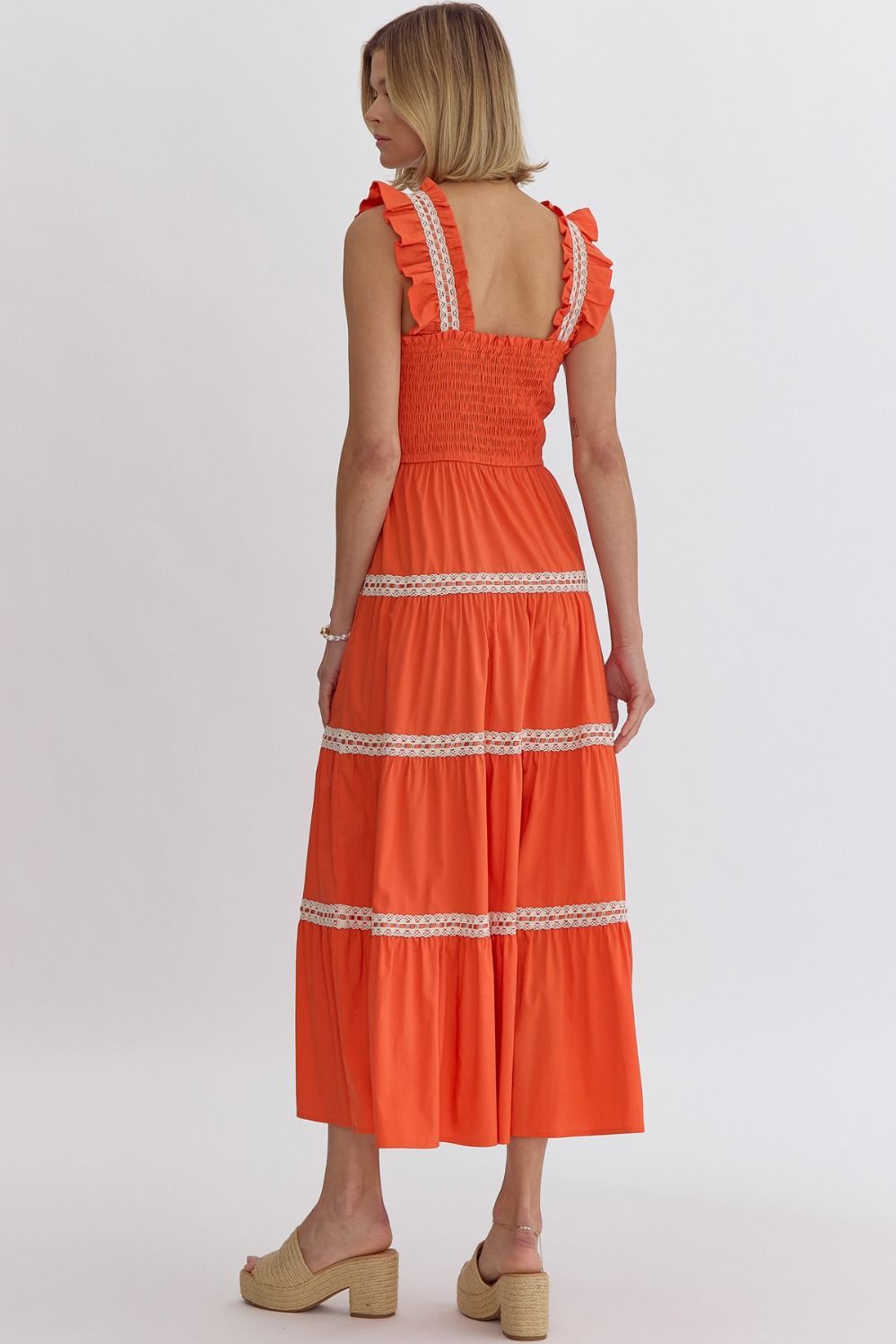 Solid Square Neck Smocked Top Lace Trim Midi Dress - Orange