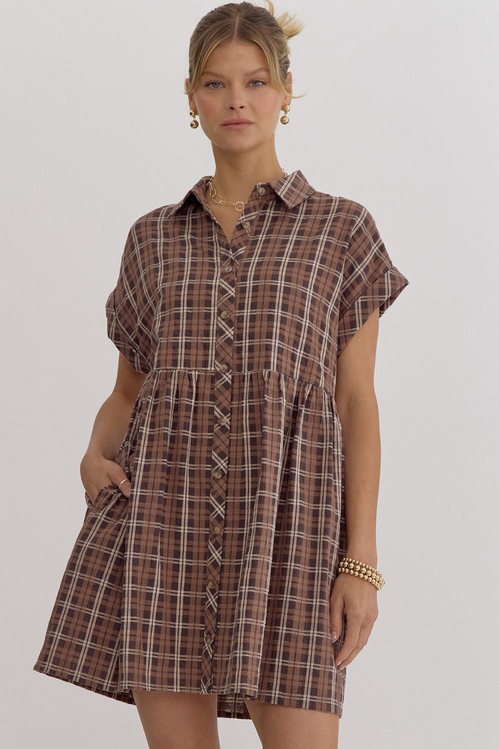 Collared Plaid Button Down Dress - Mocha