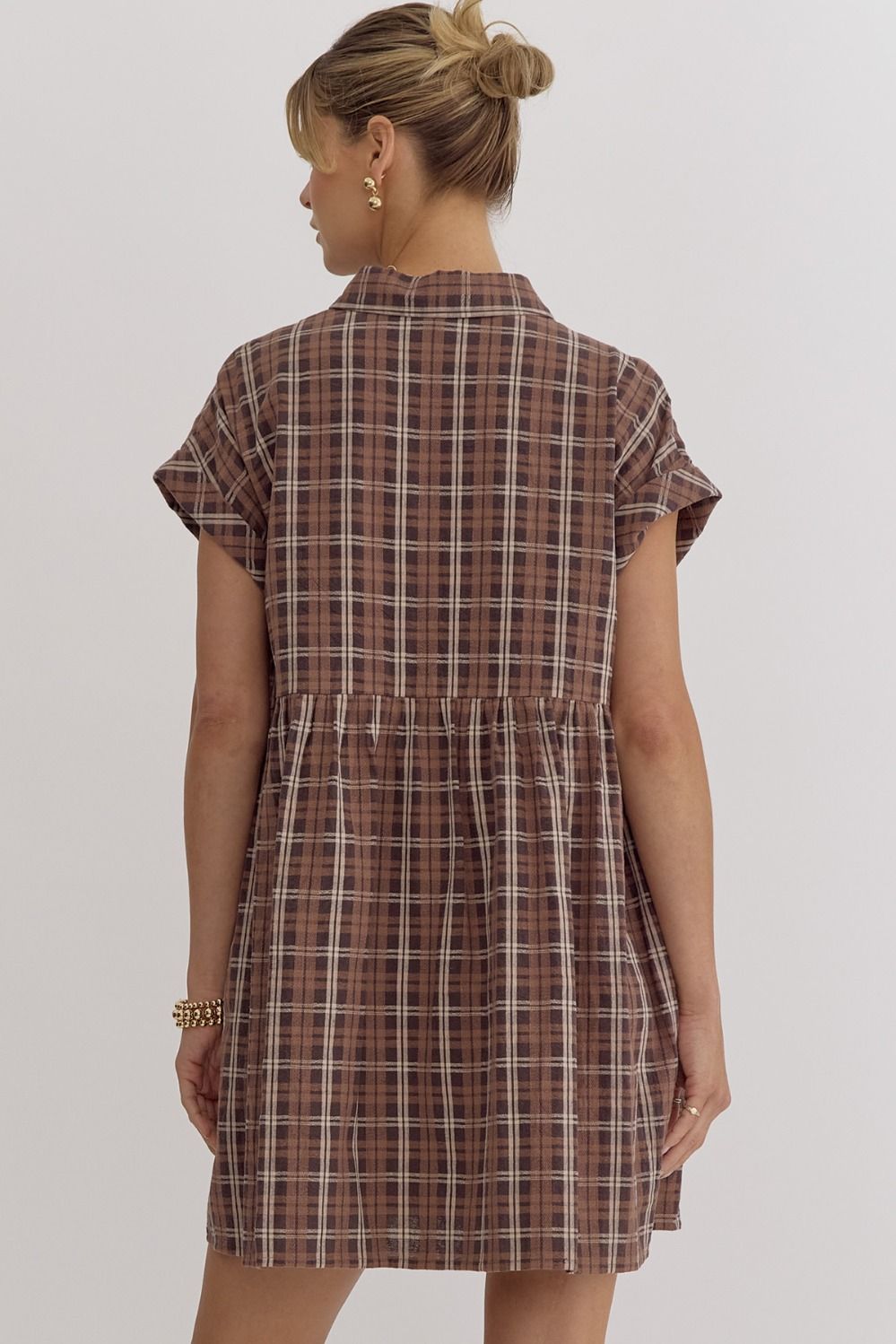 Collared Plaid Button Down Dress - Mocha