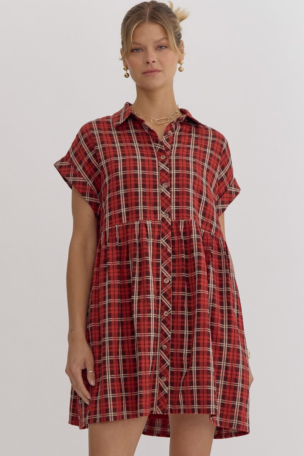 Collared Plaid Button Down Dress - Red