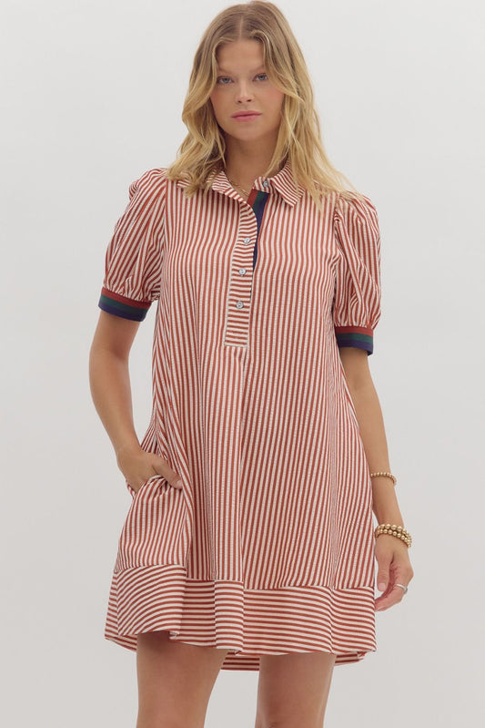 Striped Button Contrast Placket Puff Sleeve Dress