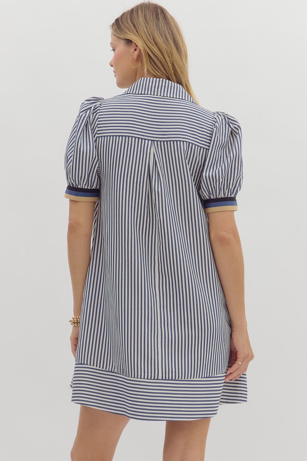 Striped Button Contrast Placket Puff Sleeve Dress