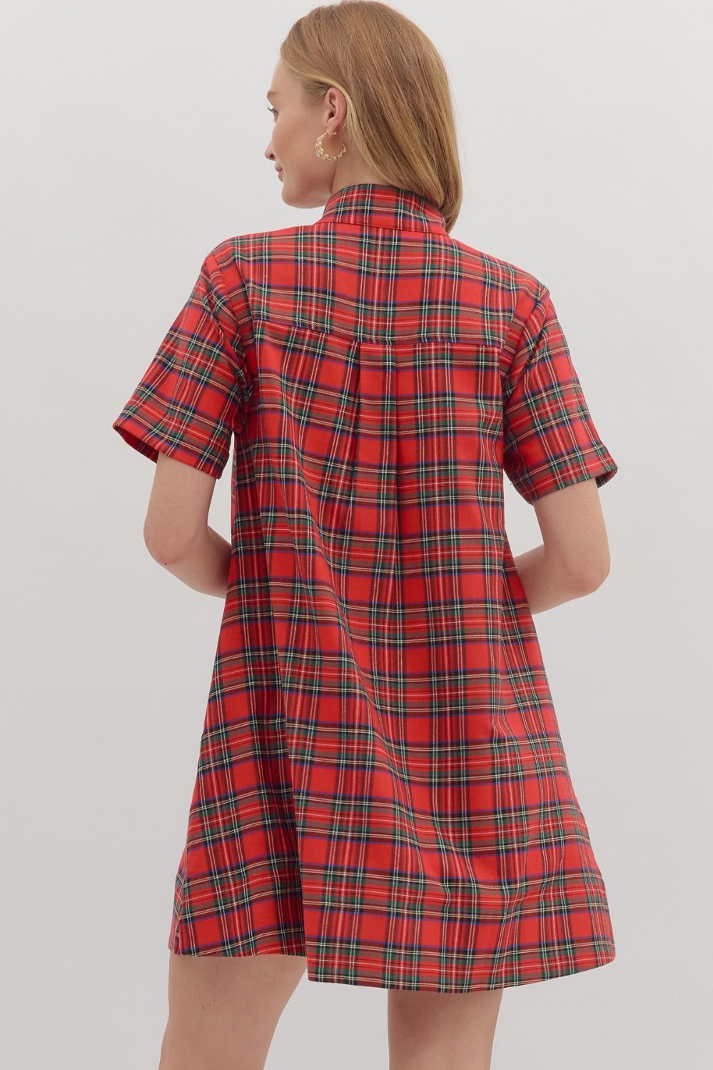 Plaid Contrast Button Placket Swing Dress-Red