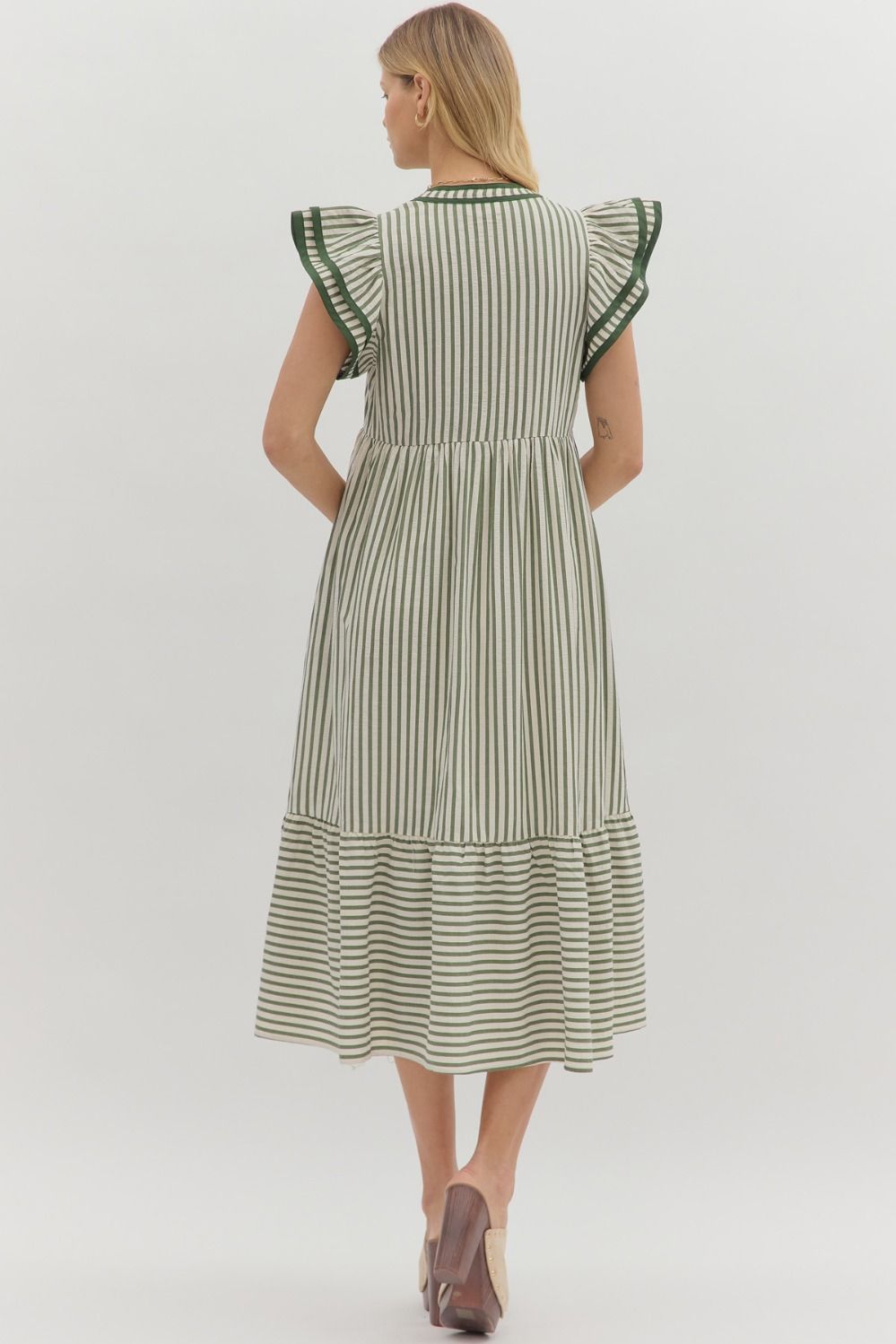 Multi Striped Tiered Flutter Sleeve Midi Dress