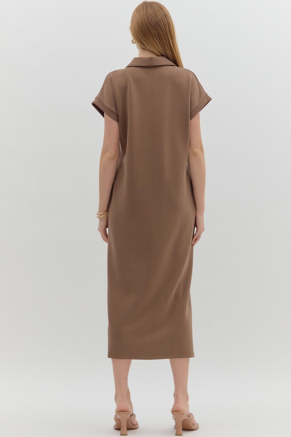 Solid V-Neck Short Sleeve Collared Midi Dress