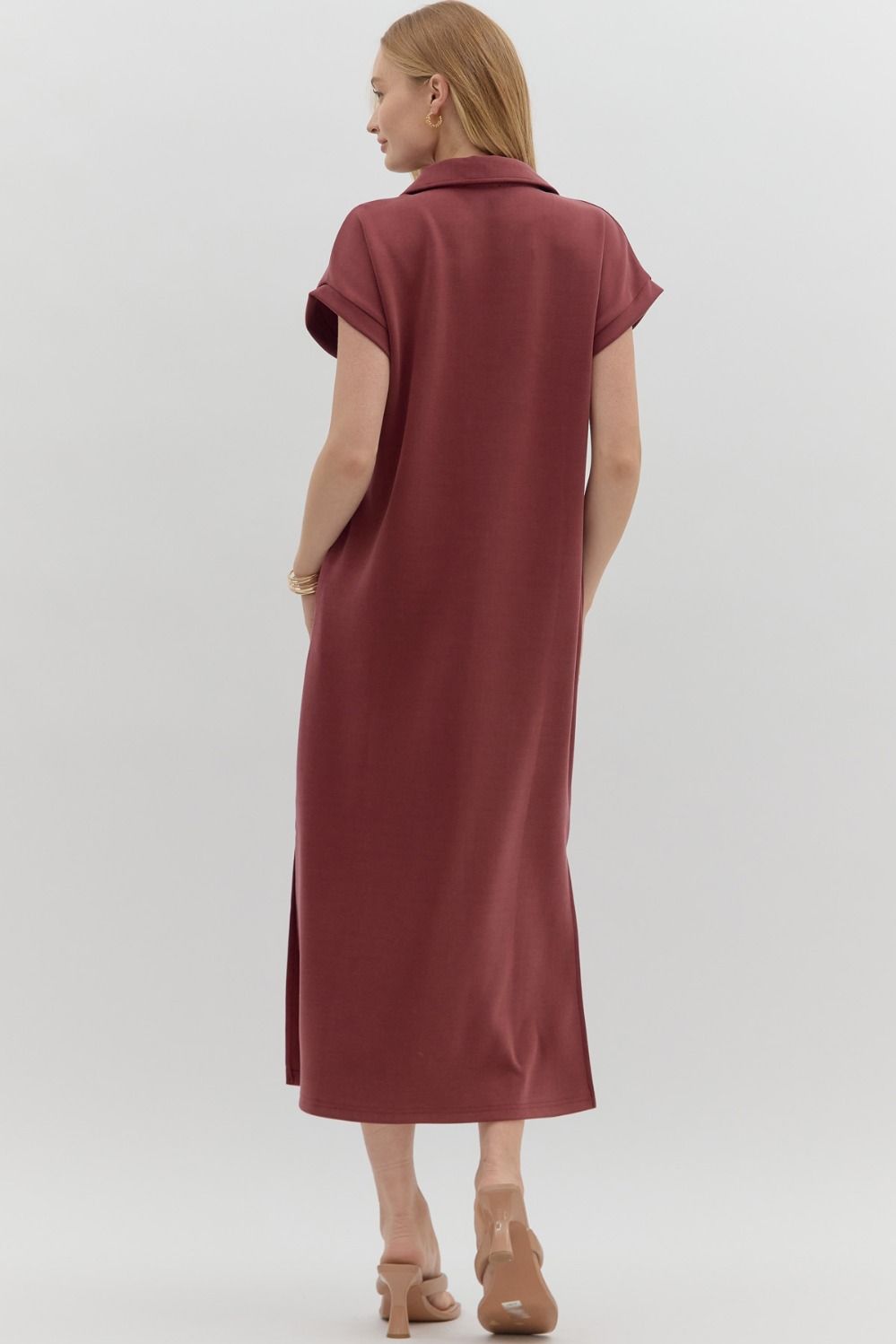 Solid V-Neck Short Sleeve Collared Midi Dress