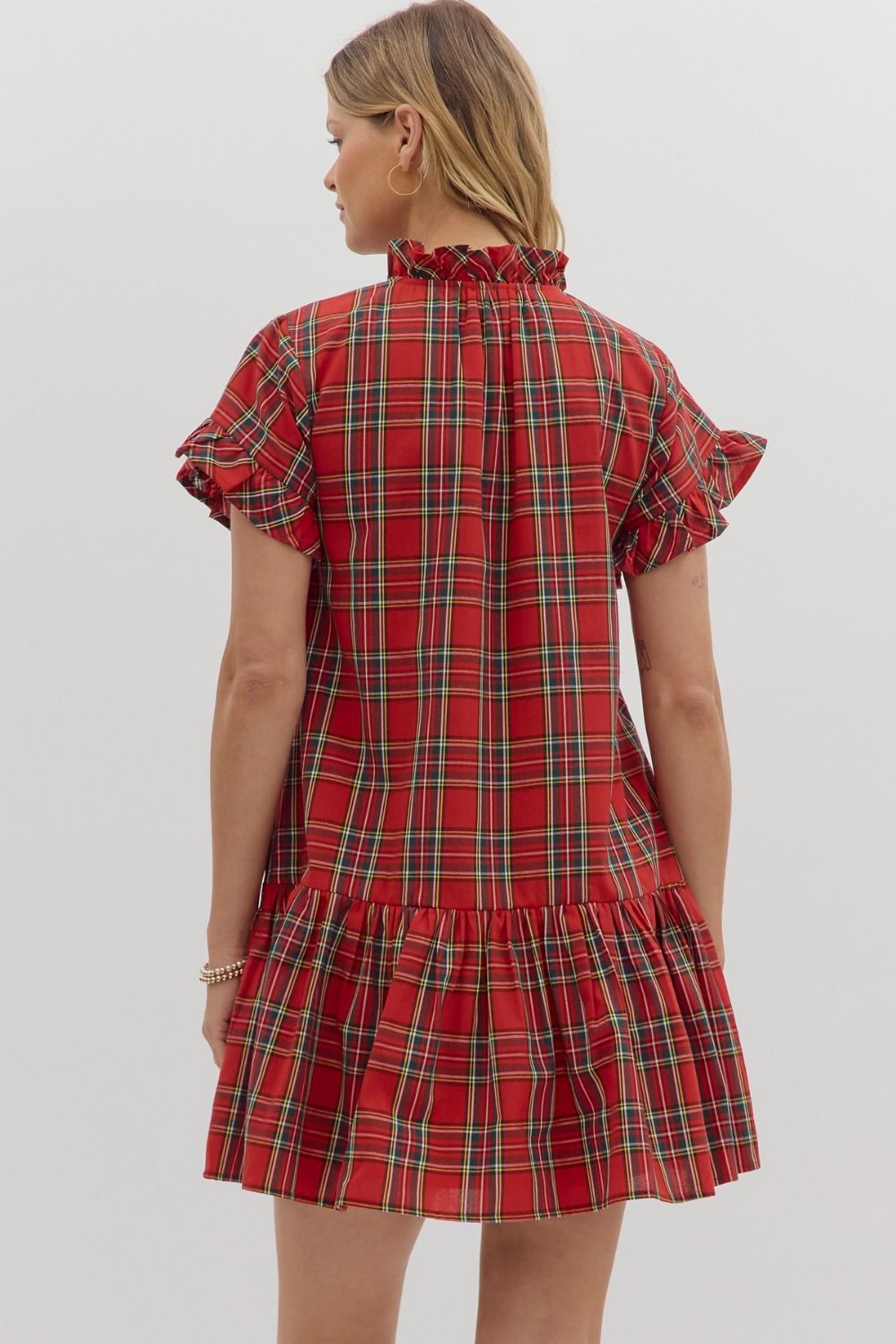 Plaid Ruffle Sleeve & Placket Dress-Red