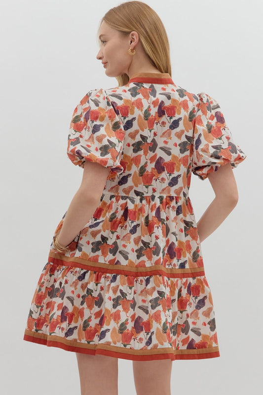 Floral Leaves Dress w/Color Strip Hem & Neck-Pumpkin
