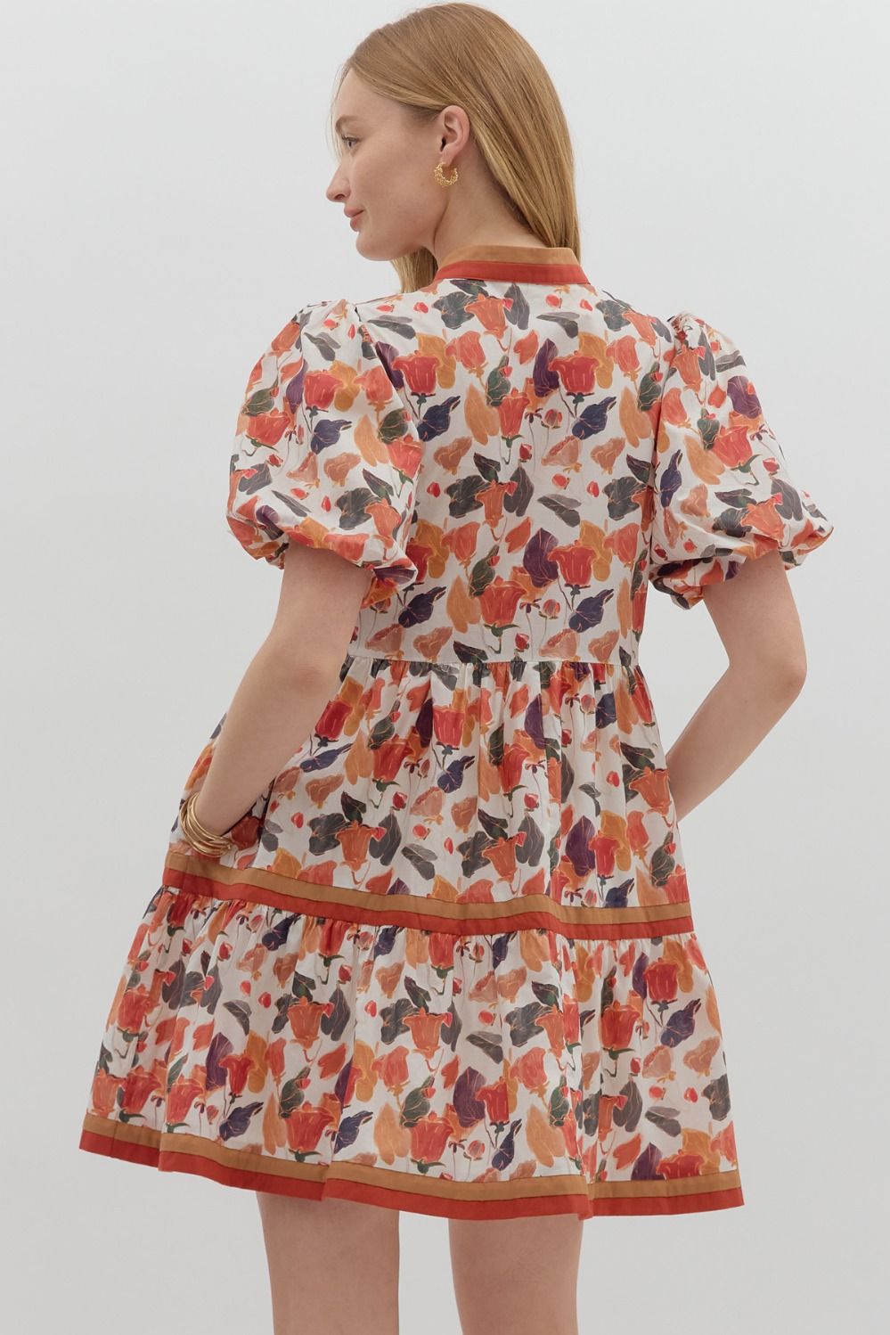 Floral Leaves Dress w/Color Strip Hem & Neck-Pumpkin