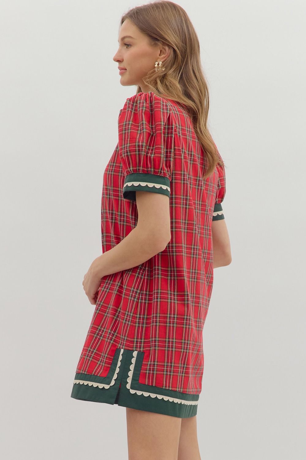 Plaid Puff Sleeve Scallop Inset Trim Dress-Red