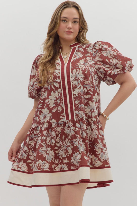 Floral Contrast Stripe Placket & Hem Dress-Burgundy