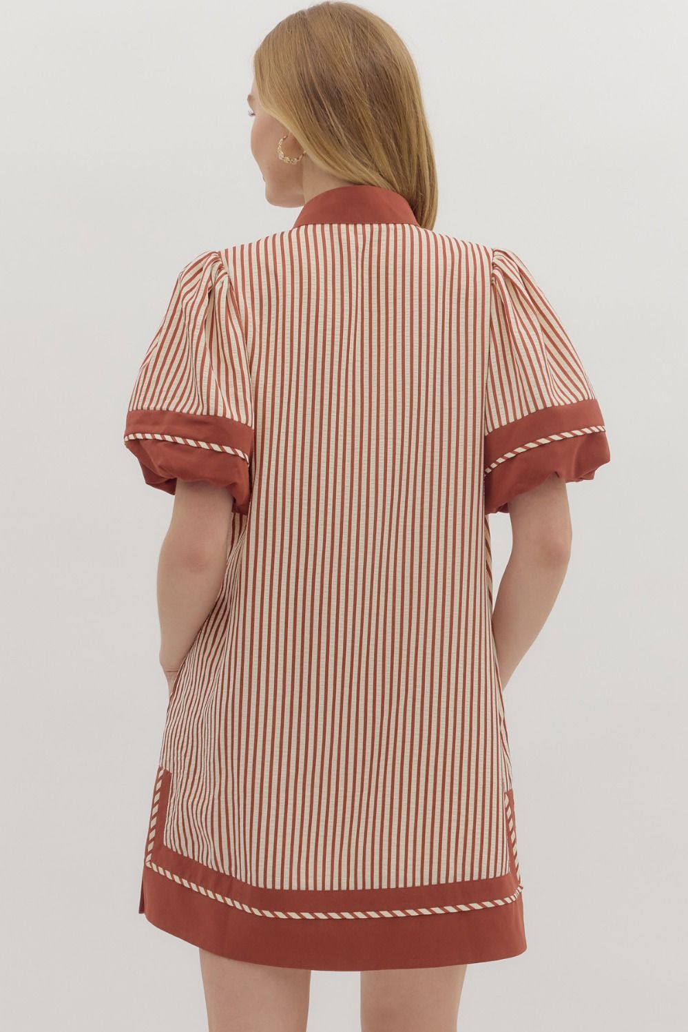 Striped Lantern Sleeve Caftan Split Collar Dress-Brick