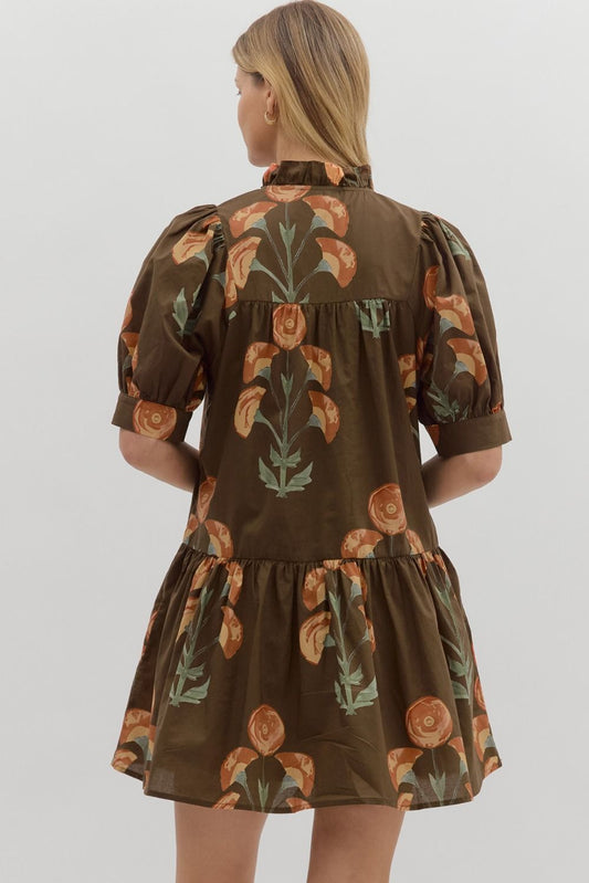 Floral Banded Puff Sleeve Tie Neck Dress- Brown
