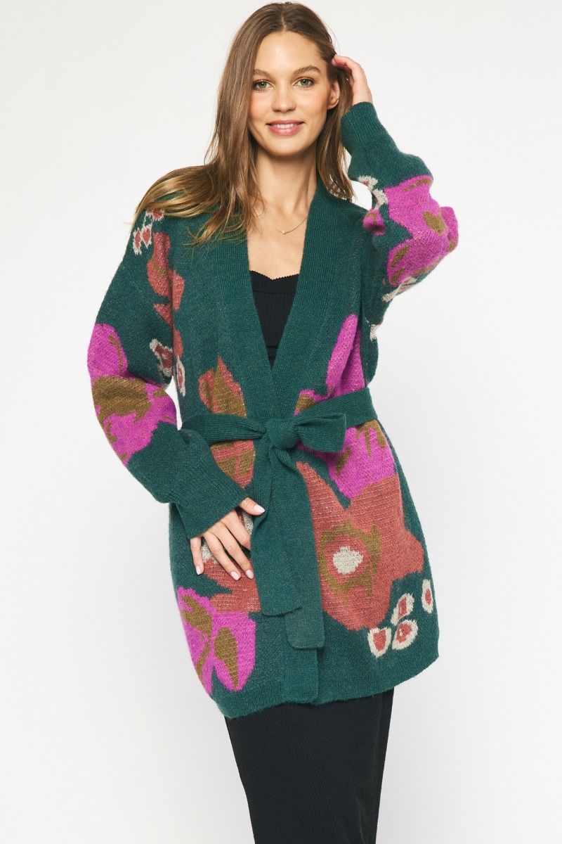 Floral Self Tie Cardigan Sweater- Hunter Green