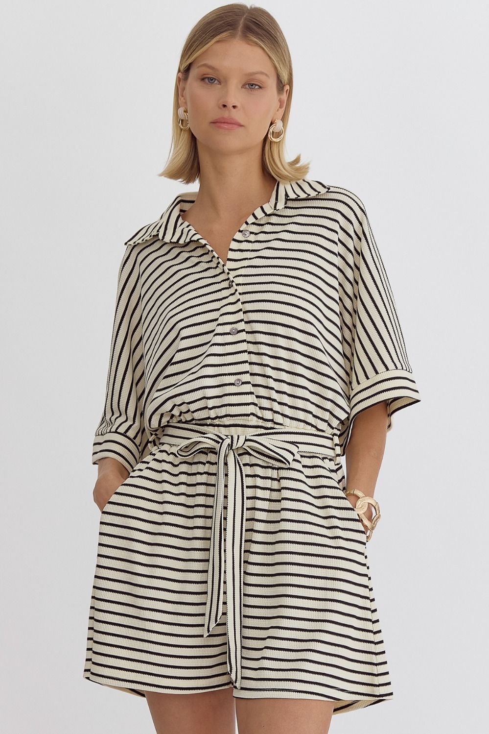 Striped Collared Button Tie Waist Romper