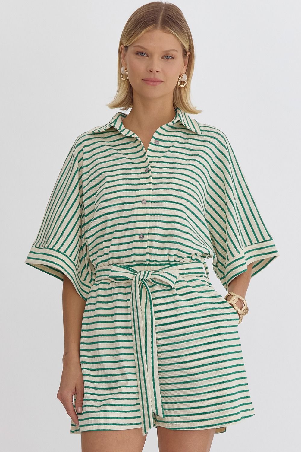 Striped Collared Button Tie Waist Romper