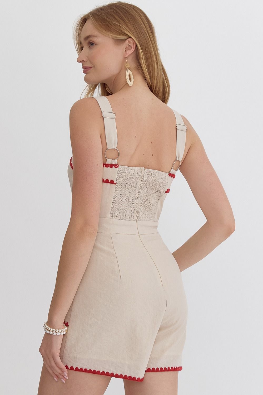 Square Neck Romper W/ Embroidered Trim Edge - Ecru
