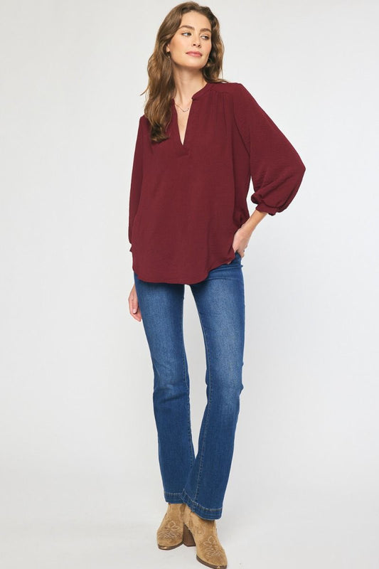 Solid V-Neck 3/4 Sleeve Pleat Back Top