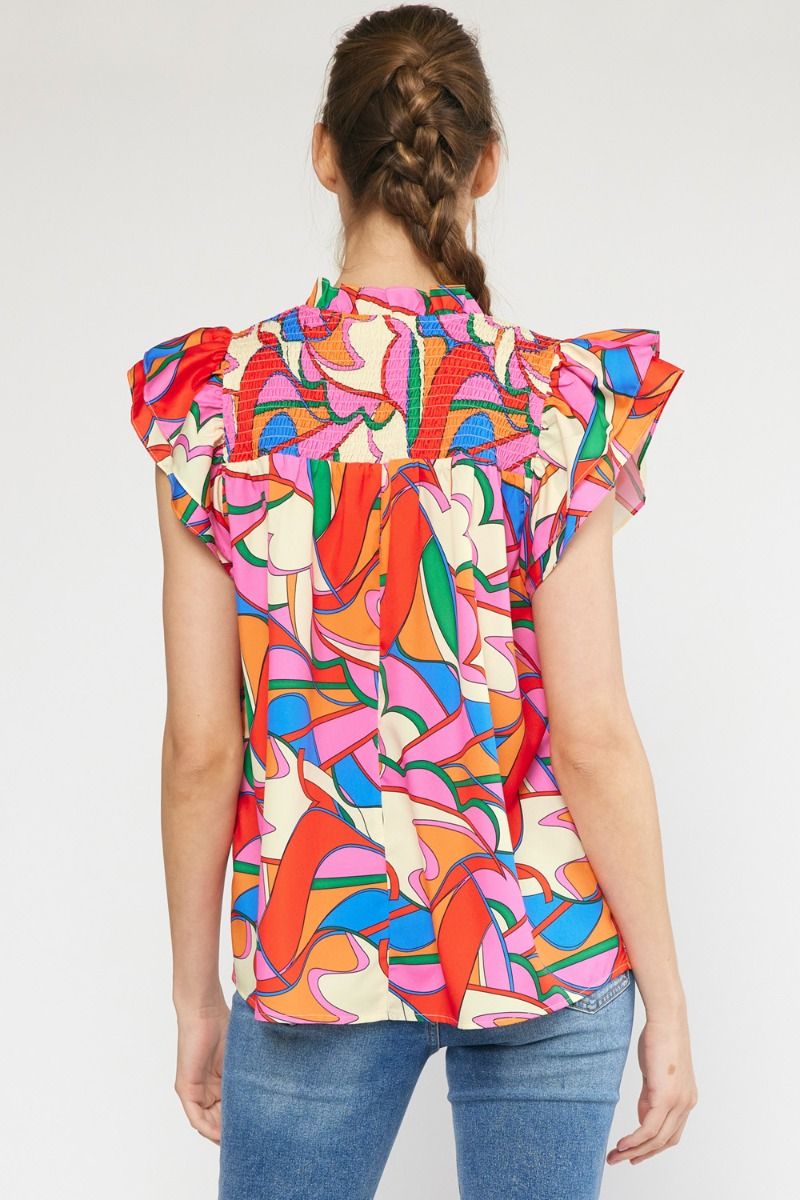 Geo Print Smocked V-Neck Ruffle Sleeve Top- Multi