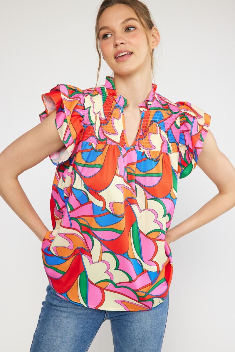 Geo Print Smocked V-Neck Ruffle Sleeve Top- Multi