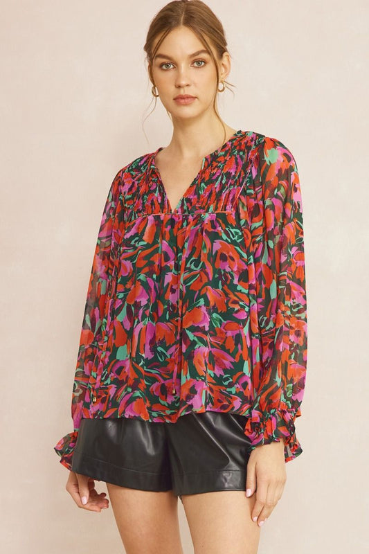 Floral Smocked Tie Neck Long Sleeve Top- Hunter