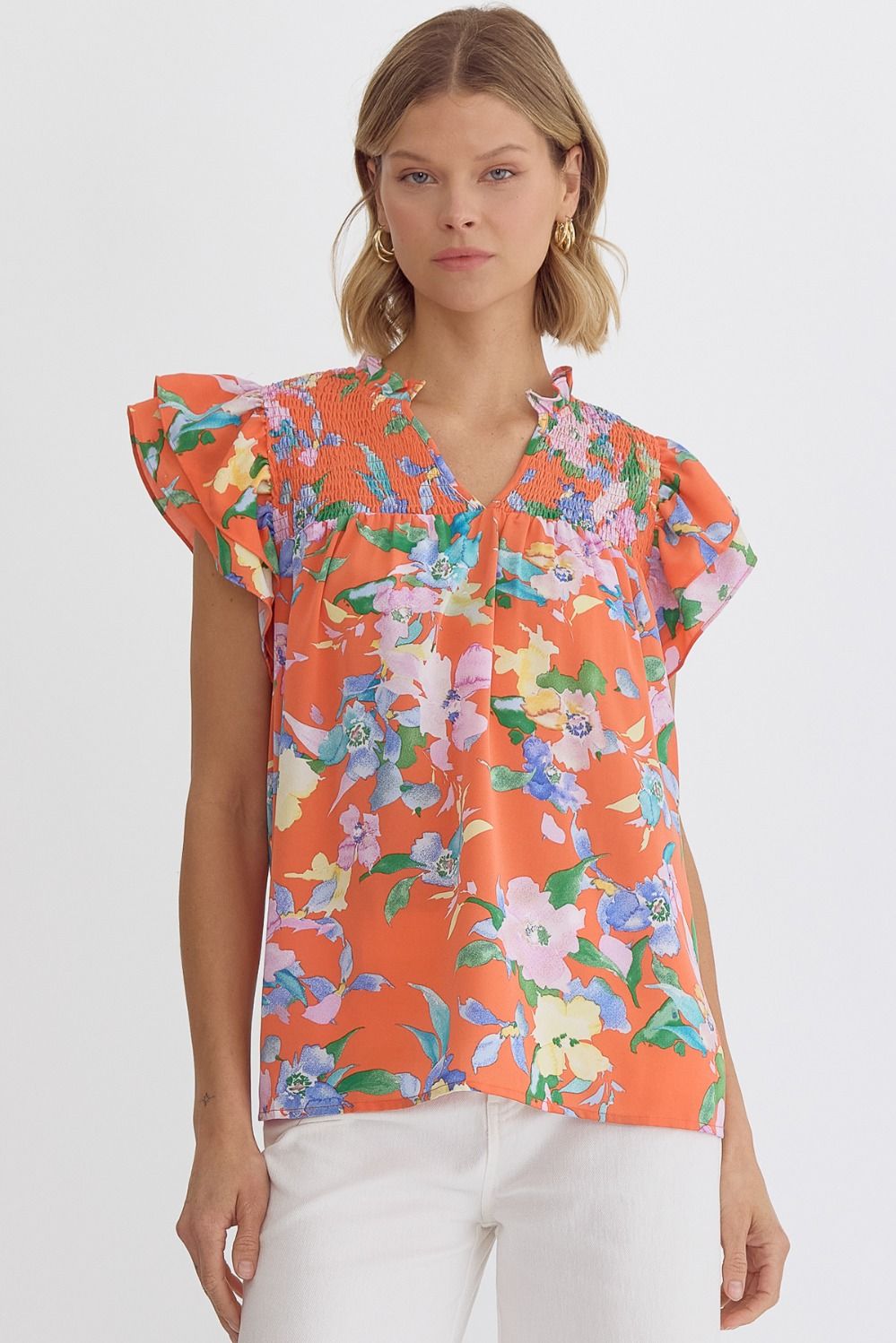 Floral V-Neck Ruffle Sleeve Top - Orange