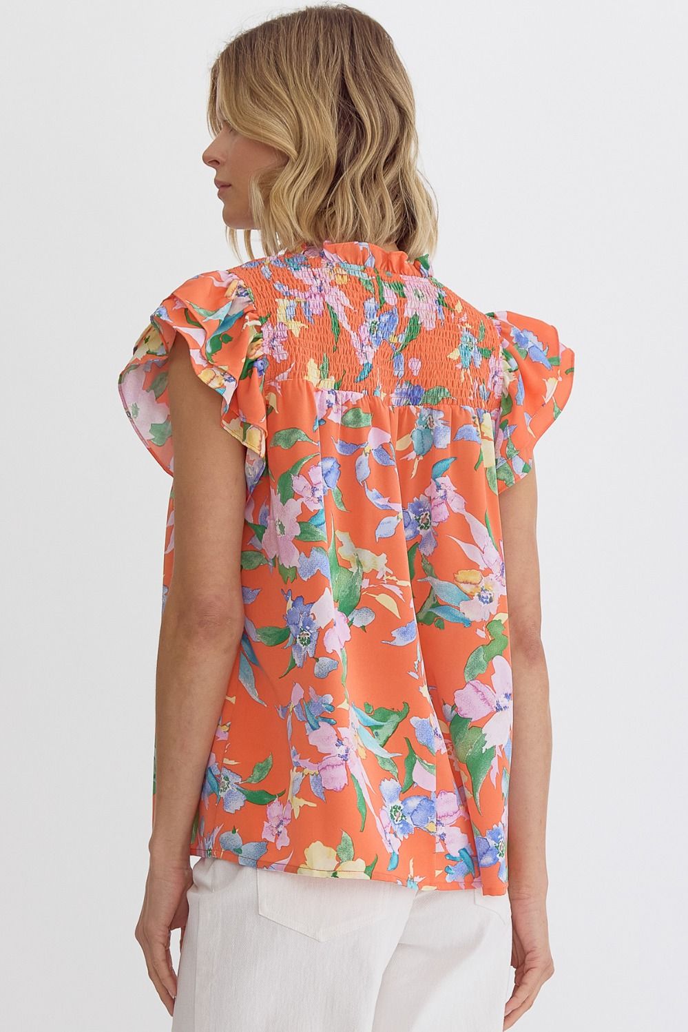 Floral V-Neck Ruffle Sleeve Top - Orange