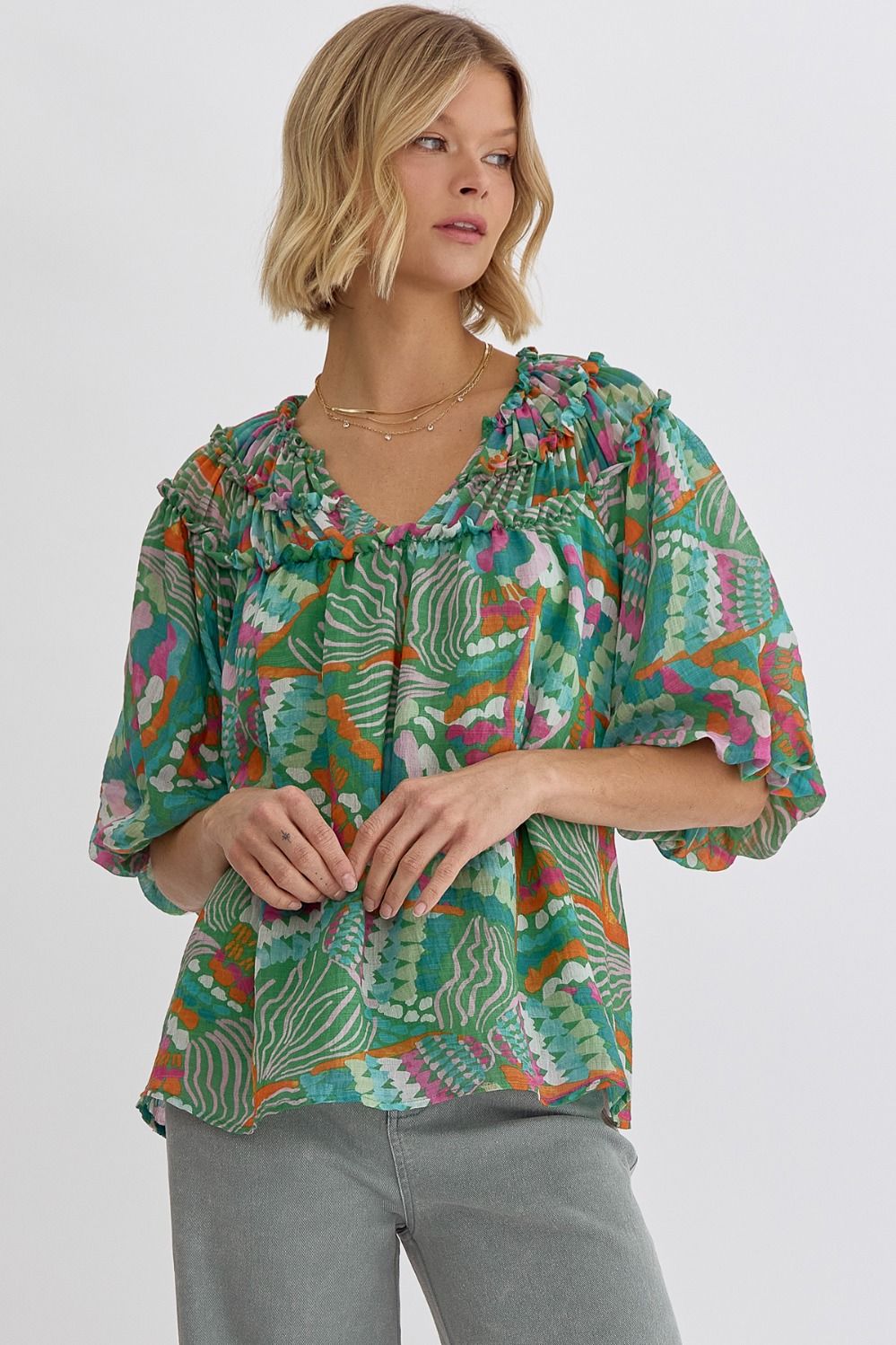 Abstract Print Smocked Top Bubble Sleeve Top - Green