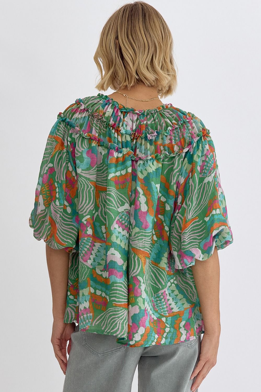 Abstract Print Smocked Top Bubble Sleeve Top - Green