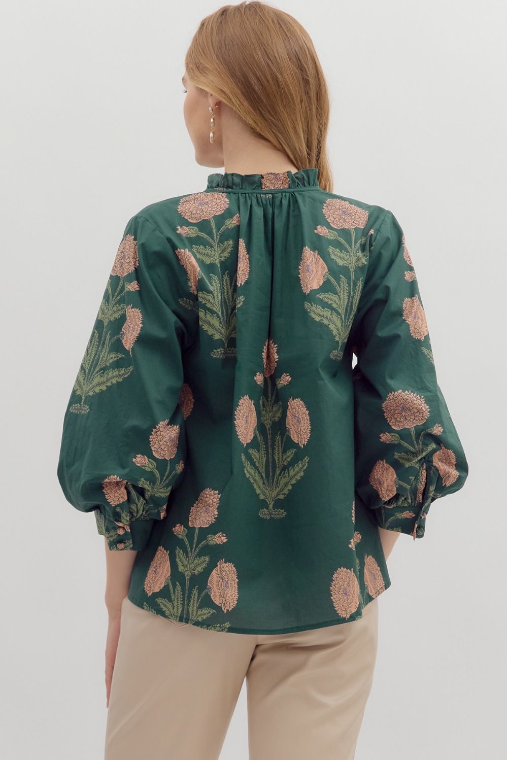 Large Floral 3/4 Bubble Sleeve Tie Neck Top-Hunter